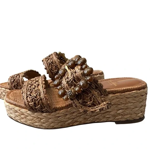 Sam Edelman Woven Raffia Platform Slides Beaded‎ Details Espadrille 7.5 Sandals - Picture 2 of 6